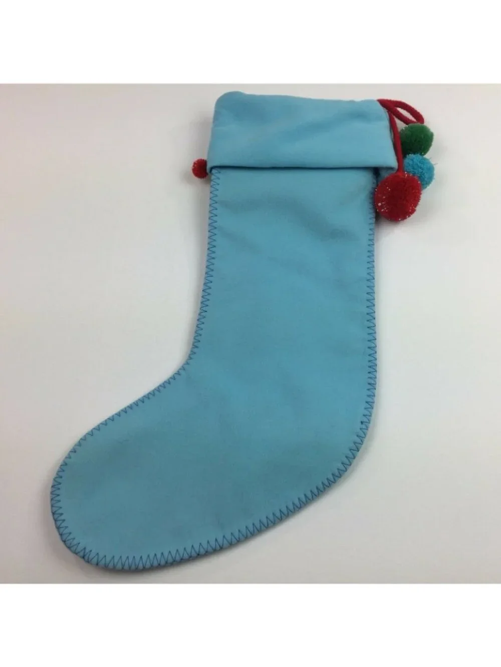 Light Blue Christmas Stocking Pom Poms Embroidered Stars Red Green White Tassel
